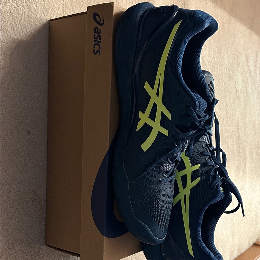 Men’s Asics Dark Blue and Bright Yellow Court Shoes - Picture 5 of 6